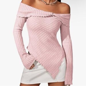 NEW Women's Pink Off Shoulder Lettuce Trim Long Sleeve Asymmetrical Hem Tee